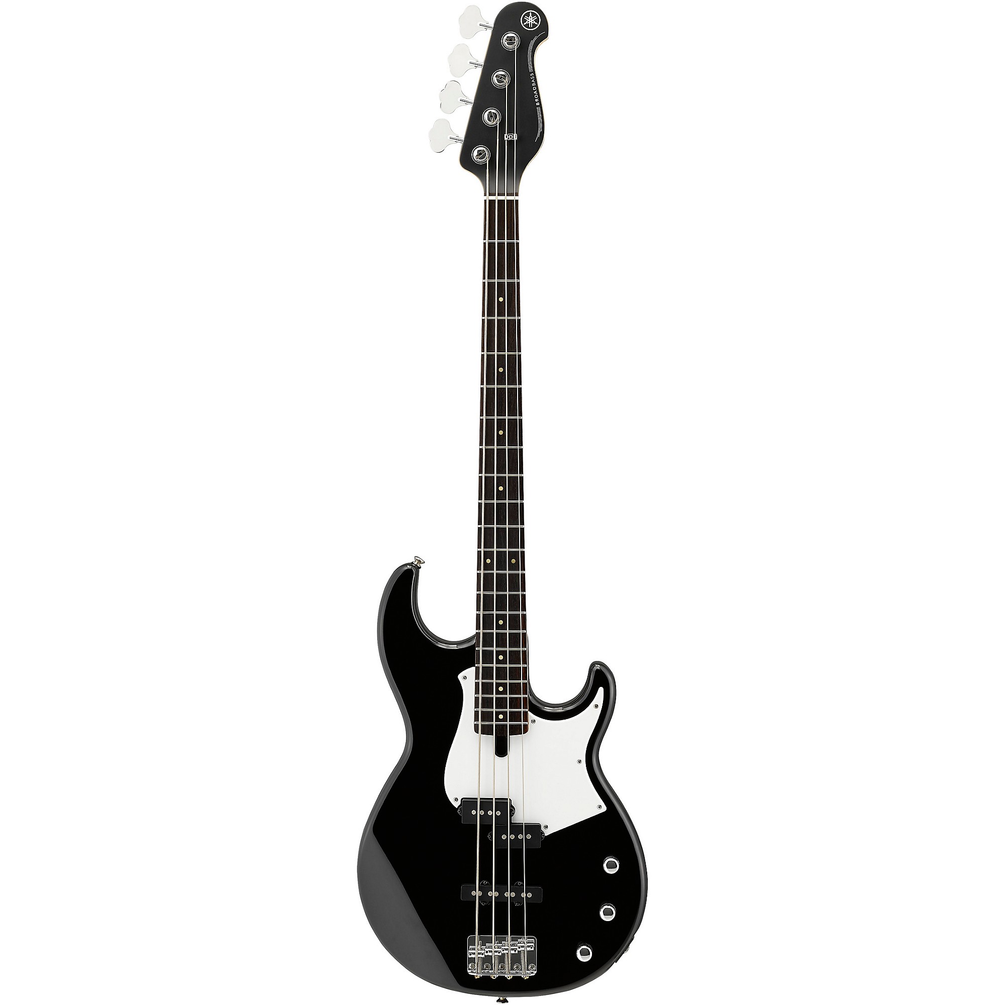 Yamaha BB234 four-string bass guitar in black with a white pickguard, showing the split-coil neck pickup and single-coil bridge pickup of the P/J configuration