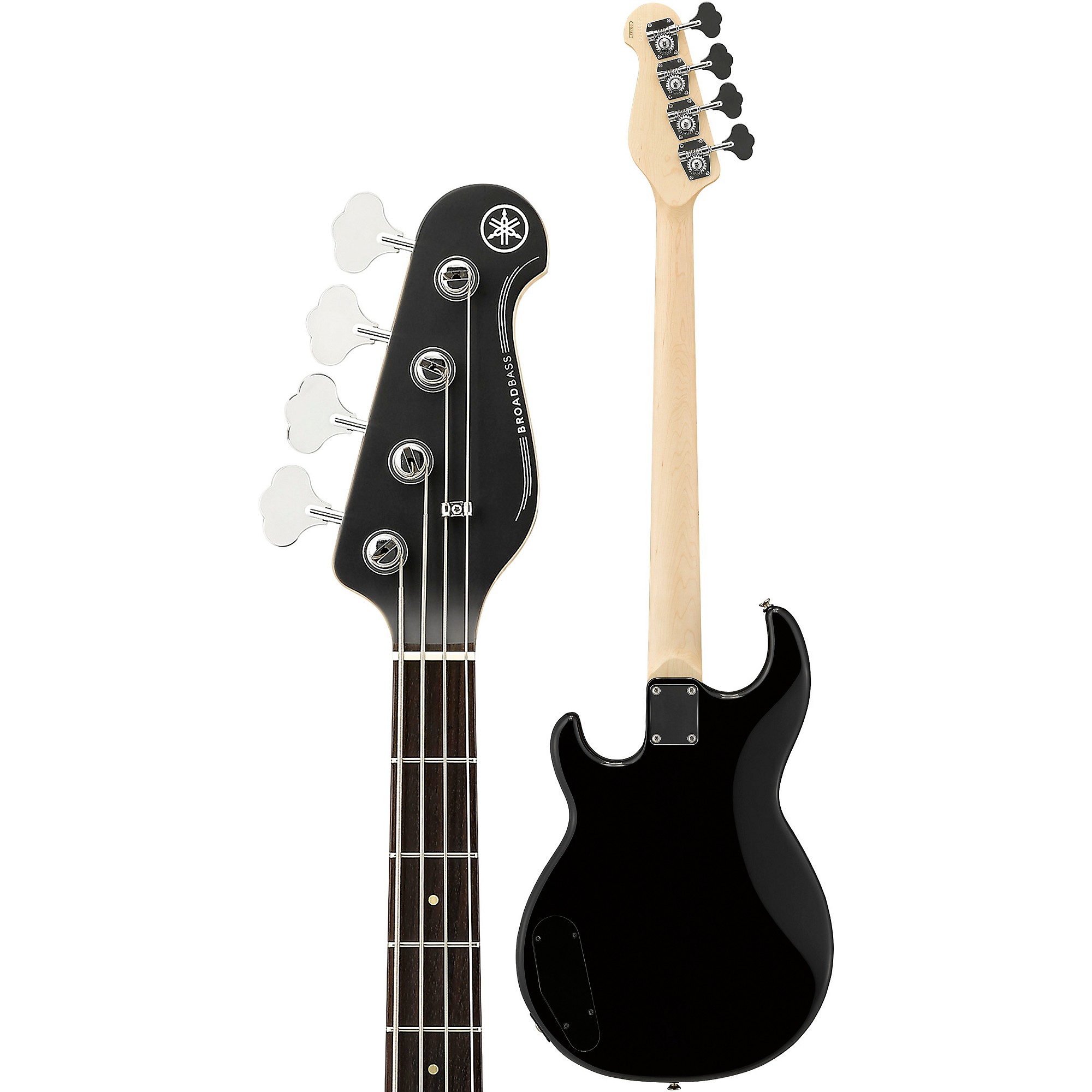 Close-up of the Yamaha BB234 headstock with open-gear tuners and BroadBass logo, beside a rear view showing the maple neck and four-bolt neck joint